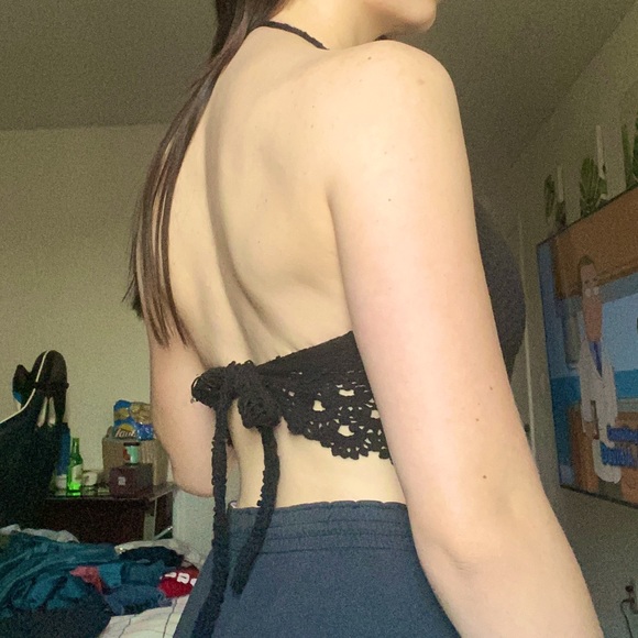 Black crochet halter top. Ties in the back and around the neck. - Picture 2 of 4